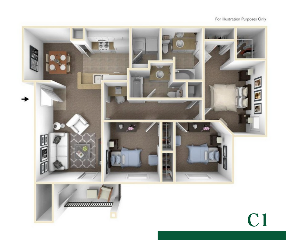 Floor plan for 3 beds, 2 baths, 1196 sqft